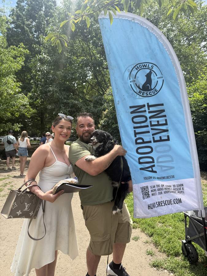 An Adoption Event flag flying at the McCarren adoption day with volunteers and dogs behind it
