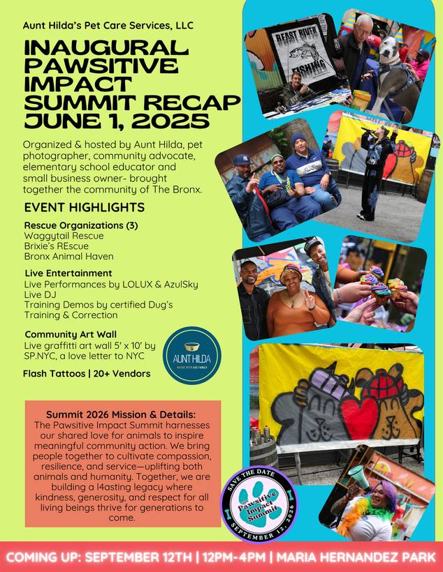 Recap flyer from the inaugural Pawsitive Impact Summit showing photos, rescue partners, live entertainment and vendor highlights