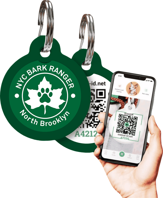 Sample render of the NYC Bark Ranger North Brooklyn tag: the front shows a maple leaf with a paw print, the back carries a QR code, and a phone displays the scanned pet record