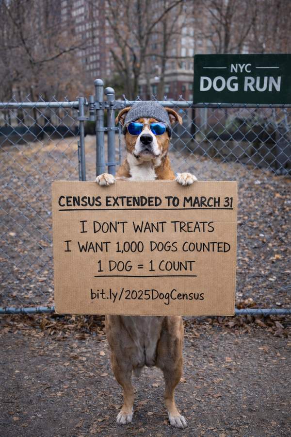A dog sitting in front of the dog run gate holding a hand-lettered sign reading I don't want treats, I want 1,000 dogs counted, 1 dog equals 1 count