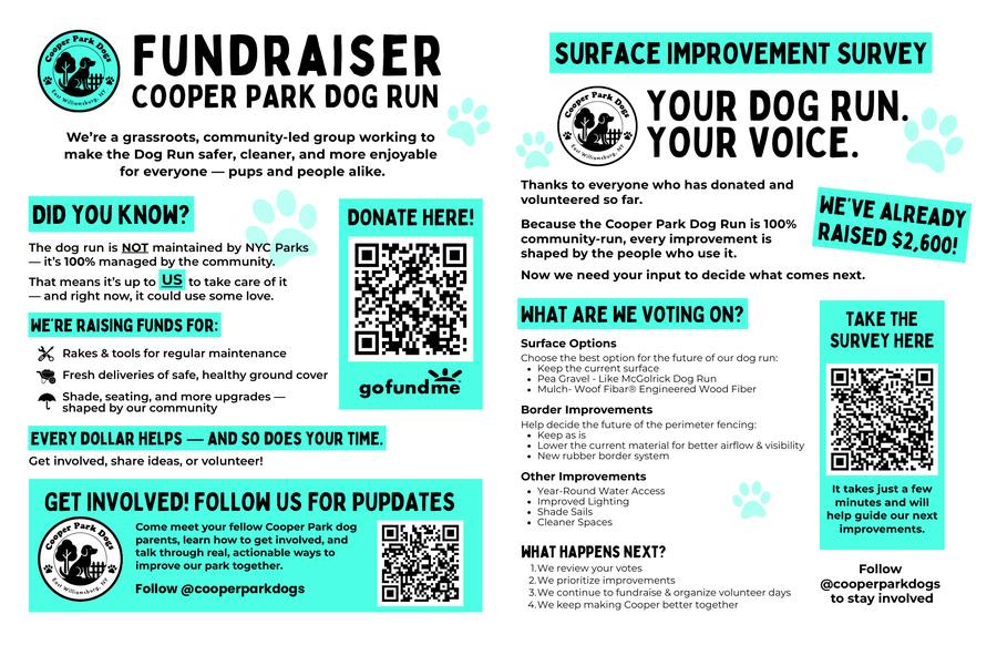 Cooper Park Dog Run fundraiser and surface improvement survey signage